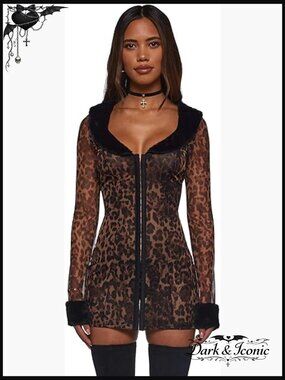 Leopard Midi Dress with Faux Fur Collar - Bodycon Hook Front Long Sleeve
